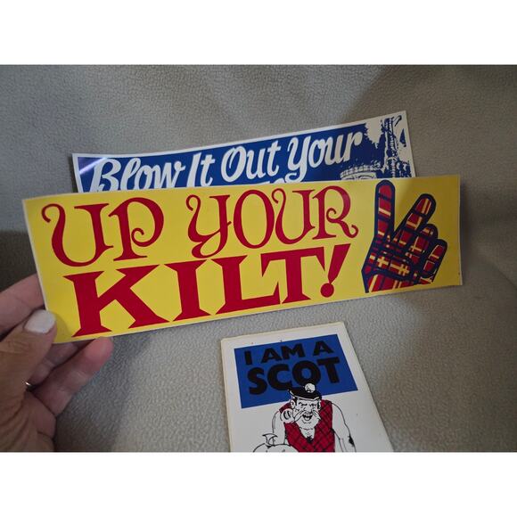 Vtg Lot 3 SCOTTISH Bumper Stickers Funny Up your Kilt Blow it out Bagpipes - Picture 3 of 7